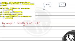 Assertion A \Cu 2\ in water is more stable than \Cu \Reason R Enthalpy of hyd [upl. by Thomey]