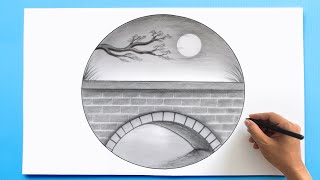 Landscape Drawing in a circle  Pencil Sketch Bridge drawing tutorial [upl. by Airalav17]