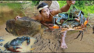 CRAB Catching in River  Crab Cooking With coconut [upl. by Koss]