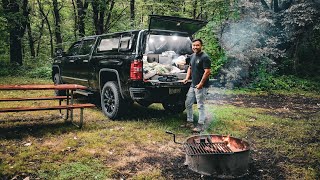 RELAXING NIGHT TRUCK BED CAMPING IN RAIN  CAMP AND COOK  TRUCK BED SETUP [upl. by Zacarias]