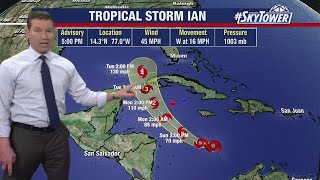 Tropical Storm Ian shifts slightly west with uncertain track [upl. by Aneger993]