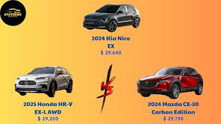 Compare 2024 Kia Niro EX vs 2025 Honda HRV EXL AWD vs 2024 Mazda CX30 Carbon Edition [upl. by Ladnek]