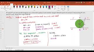 XY and XY are parallel tangent to a circle with O another tangent AB with point of contact C [upl. by Jack]