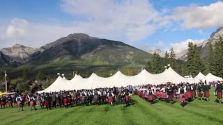 Massed Pipe Bands Canmore Highland Games 2016 [upl. by Ardnaskela421]