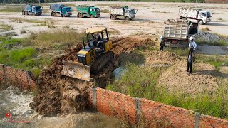 The best new active expert dozer medium push drop rock in water make road with dump trucks team job [upl. by Helbonna]