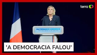 Bloco de Macron foi praticamente apagado diz Marine Le Pen após projeção apontar vitória [upl. by Tildi]