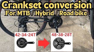 Crankset conversion for Hybrid  MTB  Road cycle  42T to 48T  Cradiac discover pro 21 speed [upl. by Arodoeht]