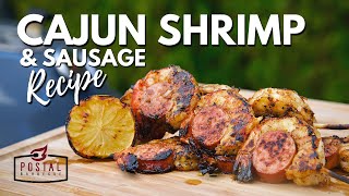 Grilled Cajun Shrimp and Sausage Recipe  How To BBQ Shrimp Skewers on a Kettle Grill [upl. by Suiramaj548]