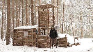 Bushcraft Camp in the Snow  Fire Shelter Axe Cooking Fish [upl. by Aynod]