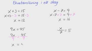 Åk 8  Adam  Ekvationer  Ekvationslösning i ett steg [upl. by Gninnahc]