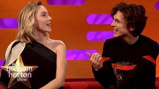 Saoirse Ronan amp Timothée Chalamet Joke About Pronouncing Timothée Chalamet [upl. by Trebloc]