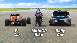 F1 Car vs MotoGP Bike vs Rally Car Ultimate Drag Race [upl. by Tella]