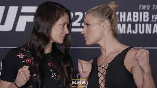 Karolina Kowalkiewicz vs Felice Herrig UFC 223 Media Day Staredown  MMA Fighting [upl. by Nelyag]