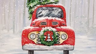 Red Christmas Truck with Wreath Acrylic Painting LIVE Tutorial [upl. by Rotberg]