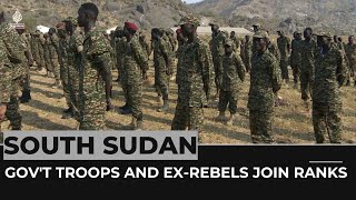 South Sudan unified army Govt troops and exrebels join ranks [upl. by Sikram]