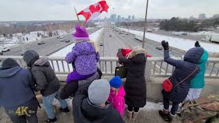 North York Freedom convoy honking at people waving on 401 overpass 1272022 [upl. by Norahc37]