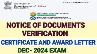 Notice verification of documents for ecertificate and jrf award letter csir net jrf exam 2024Dec [upl. by Assirod]