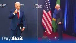 Joe Biden awkwardly stumbles into pole and doesnt shake President Lulas hand [upl. by Basham]