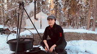 WINTER CAMPING in a HOT CAST IRON TENT [upl. by Ynetruoc967]