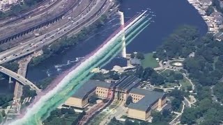 Italian Air Force jets from Frecce Tricolori conduct colorful flyover of Philadelphia [upl. by Calandria]