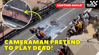 Cameraman Injured after this firstlap crash between Sergio Perez and both Haas driver at Monaco GP [upl. by Jephum]