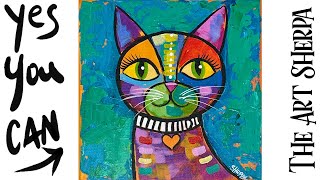 Easy Colorful Abstract CAT 🌟🎨 How to paint acrylics for beginners Paint Night at Home [upl. by Crissie263]