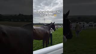 Jockey helps his horse cool down 🙌 📸 Hoof and Hustle Racing horse horseracing [upl. by Mya909]