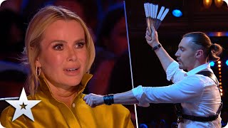 KNIVES thrown at SIMON COWELL in DANGEROUS ACT  Britain’s Got Talent [upl. by Adlare578]