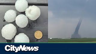 Tornado spotted near Stettler as hailstorm batters central Alberta [upl. by Llydnek174]