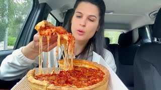 CHICAGO STYLE DEEP DISH PEPPERONI PIZZA  CAR MUKBANG  ASMR  EATING SOUNDS [upl. by Tnelc]