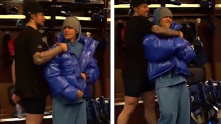 Auston Matthews walking up to and hugging Justin Bieber in the locker room [upl. by Rodger380]