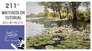 how to draw a watercolor landscape painting  water lilly pond  village scene  Sunil Linus De [upl. by Allcot]