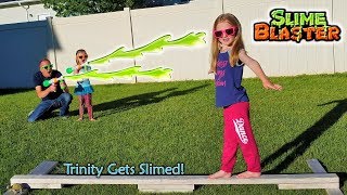 Dads Slime Prank on 5 Year Old Kid Madison vs Trinity Slime Blaster Chase [upl. by Happy]