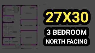 27x30 house plan 810 sqft 3 bedroom  27x30 north facing house design  27 by 30 ft house plan [upl. by Deste]