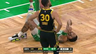 Jayson Tatum amp Derrick White shaken up after colliding with Steph Curry  NBA on ESPN [upl. by Enair594]