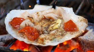 Japanese Street Food  OSAKA SEAFOOD Giant Scallops Oysters Sea Urchin Japan [upl. by Wilone]