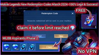 NO LIMIT MOBILE LEGENDS REDEEM CODE MARCH 23 2024  MLBB DIAMOND REDEEM CODES  NO VPN [upl. by Isbella]