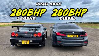 BOY RACER vs AVERAGE DIESEL NISSAN R34 SKYLINE vs BMW 530D [upl. by Patnode]