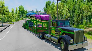 Double Flatbed Trailer Truck vs Speedbumps  Cars vs Slide Colors  Big amp Small Bus Mcqueen vs Train [upl. by Killion661]