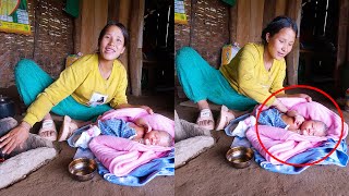 Manjita doing oil massage to baby girl UNISHA  Newborn baby girl in goat hutAloneAdhirajnepal [upl. by Ellerey277]