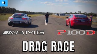 DRAG RACE Tesla Model S P100D vs MercedesAMG GT S [upl. by Niatirb]