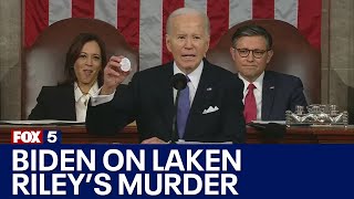 Biden pronounces Laken Rileys name as Lincoln Riley during State of the Union  FOX 5 News [upl. by Guria]