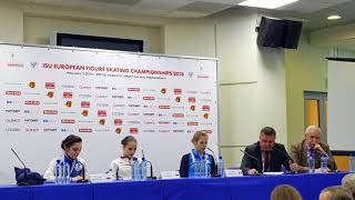 Zagitova  Medvedeva  Kostner press conference ISU European championships 2018 [upl. by Rednijar]