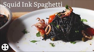 Squid Ink Spaghetti  Squid Ink pasta with white wine braised squid and capers  The Soup Story [upl. by Gage]