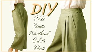 DIY Half Elastic Waistband Linen Culotte Pants  How To Make Back Elastic Waistband Culotte Trousers [upl. by Ainoda]