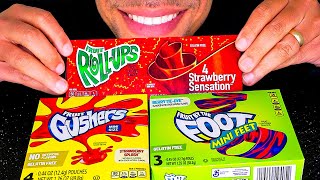 ASMR FRUIT ROLL UP GUSHER FRUIT BY THE FOOT CANDY BITES ASSORTED FLAVORS CHEWY EATING SHOW MUKBANG [upl. by Harmonia106]