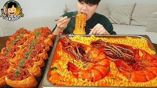 ASMR MUKBANG 직접 만든 킹블랙타이거새우 열라면 김밥 김치 유부초밥 먹방 RAMYEON amp KIMBAP MUKBANG EATING SOUND [upl. by Ahsatal]