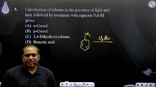 Chlorination of toluene in the presence of light and heat followed by treatment with aqueous NaO [upl. by Nnael]