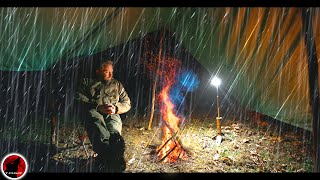 Down Pour  Covered Fire Camping in Heavy Rain  Thunderstorm Camping Adventure [upl. by Htebesile434]