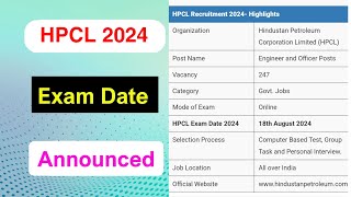 HPCL 2024 Exam Date Announced  HPCL Exam Date Full Details 2024  MDE [upl. by Rolando]